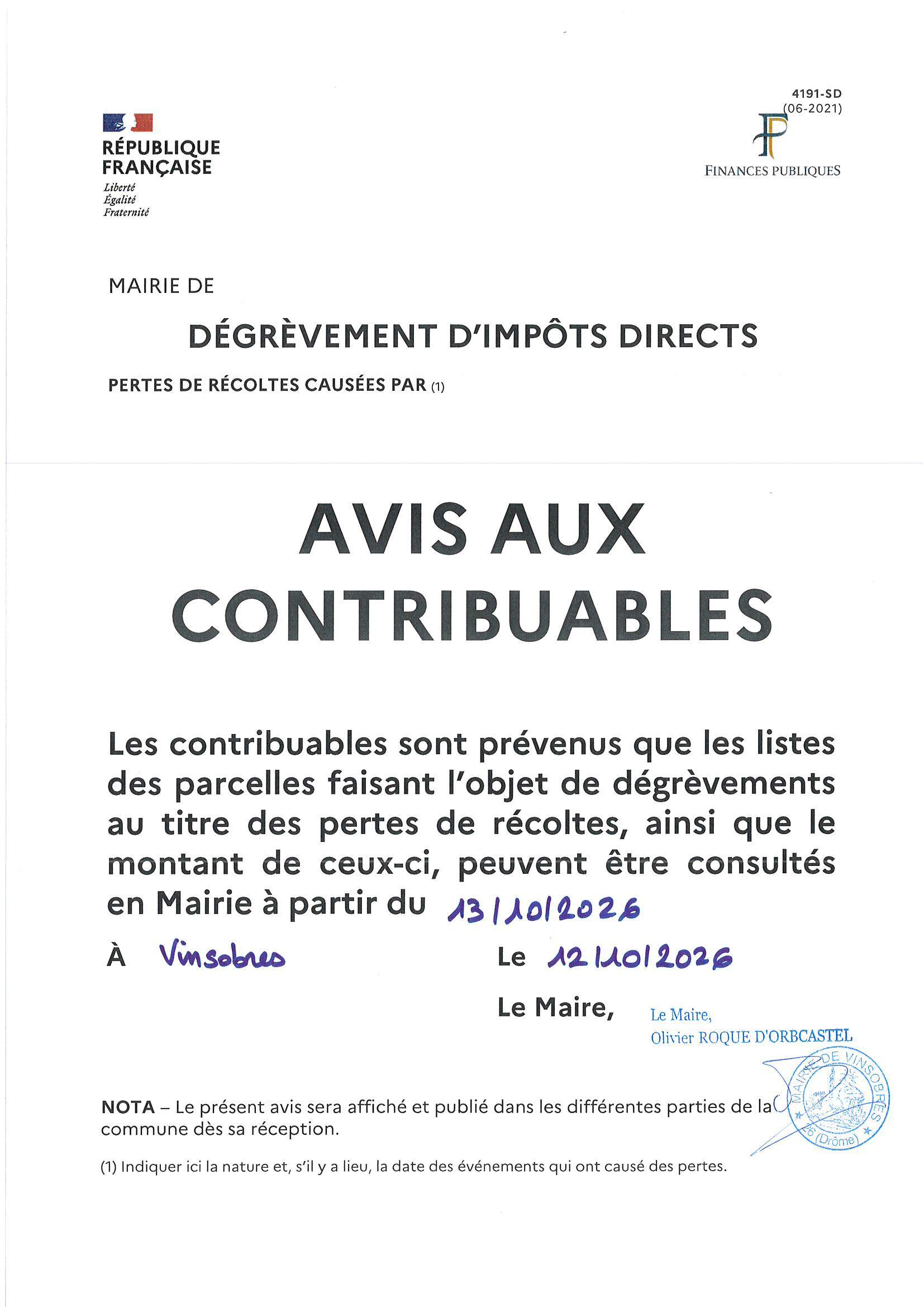 Avis contribuables 2026