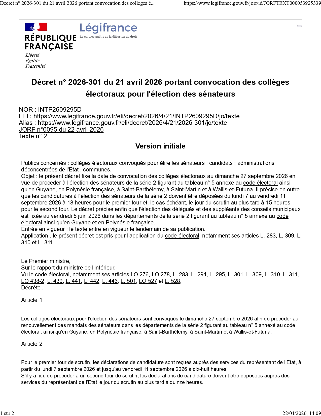 Décret Sénatoriales 2026 P01