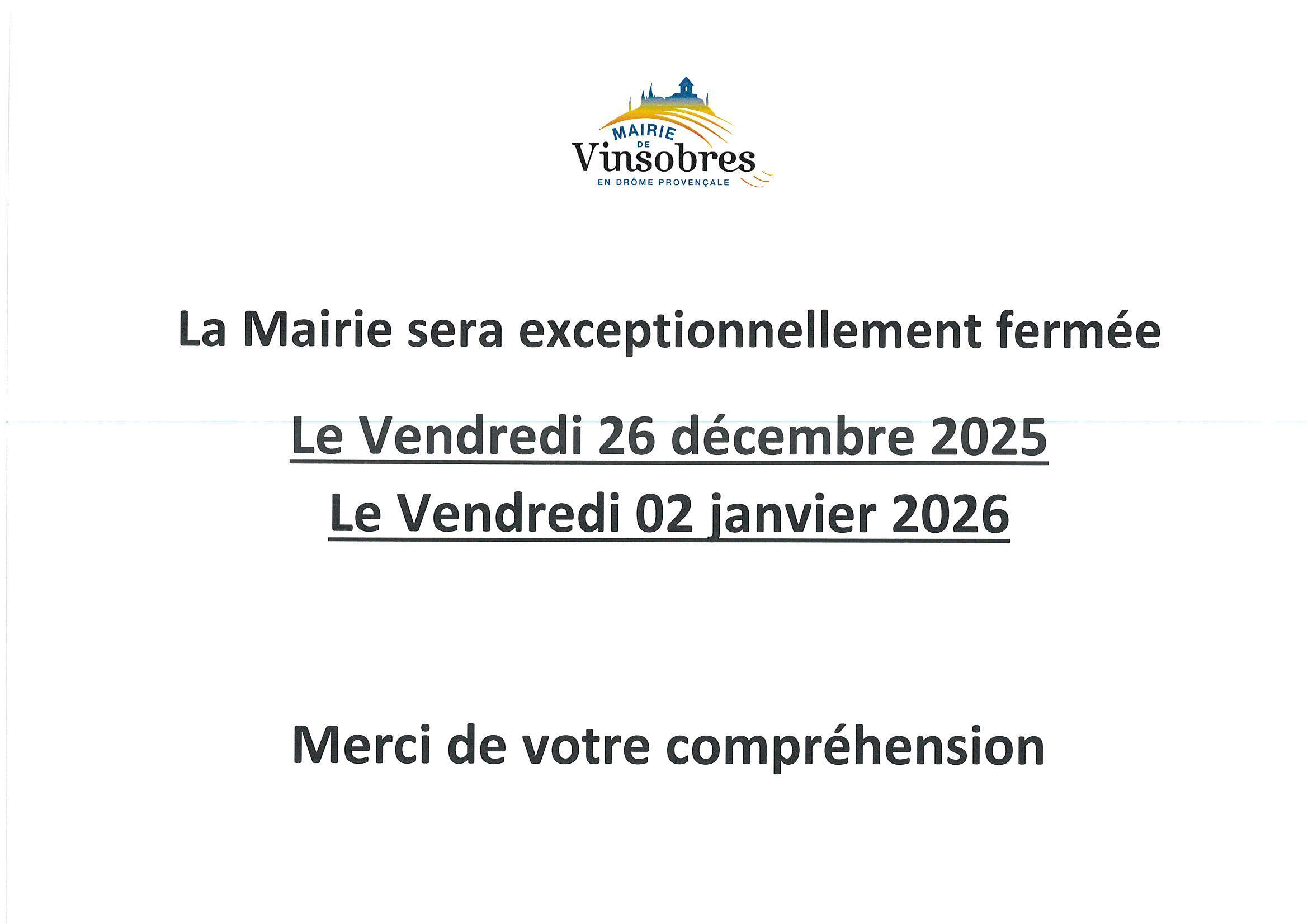 fermeture mairie 26.12 et 02.01