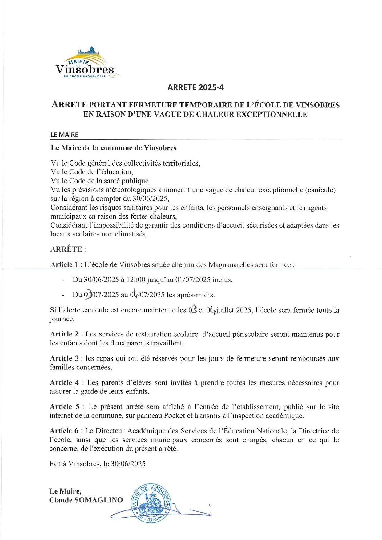 Fermeture temporaire école 2025
